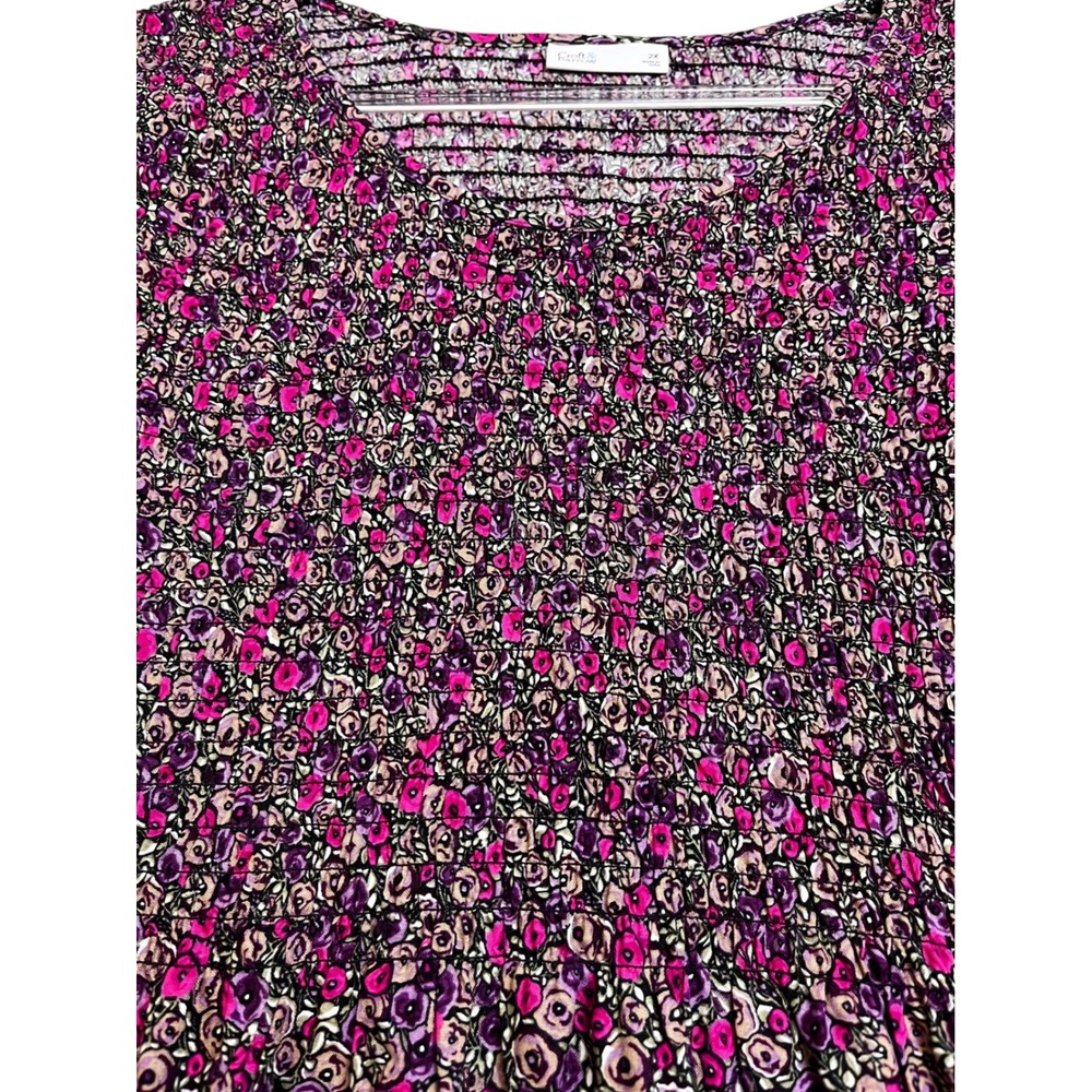 Croft & Barrow 2X Purple Floral Smocked Peplum3/4 Sleeve Top Cottagecore Ditsy - Picture 4 of 7